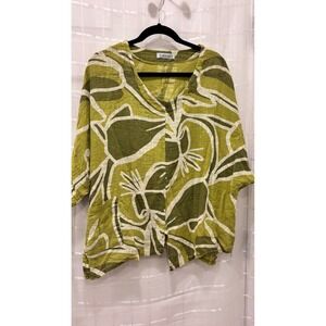 Transparente Italy Green Abstract Leaf Print Linen Cotton V-Neck Boxy Top 6653